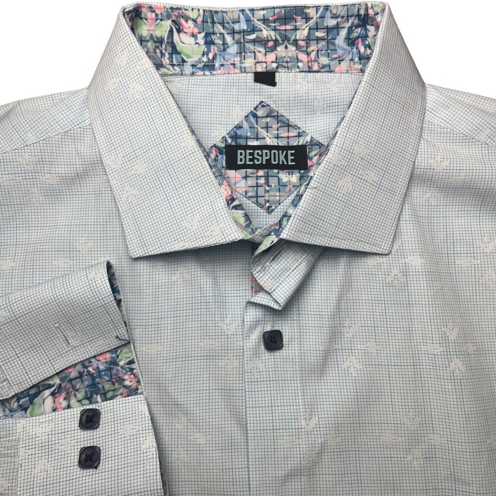 Bespoke Button Down Shirt Mens 2XL Light Blue Grid Geometric Embroidered L/S